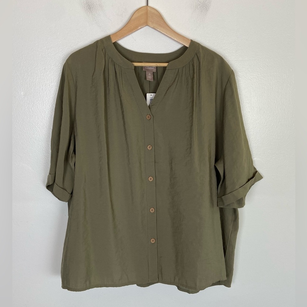 Chico's Sandwashed Boho‎ Elbow Sleeves Top Size 4 US XXL Green Button Down NWT